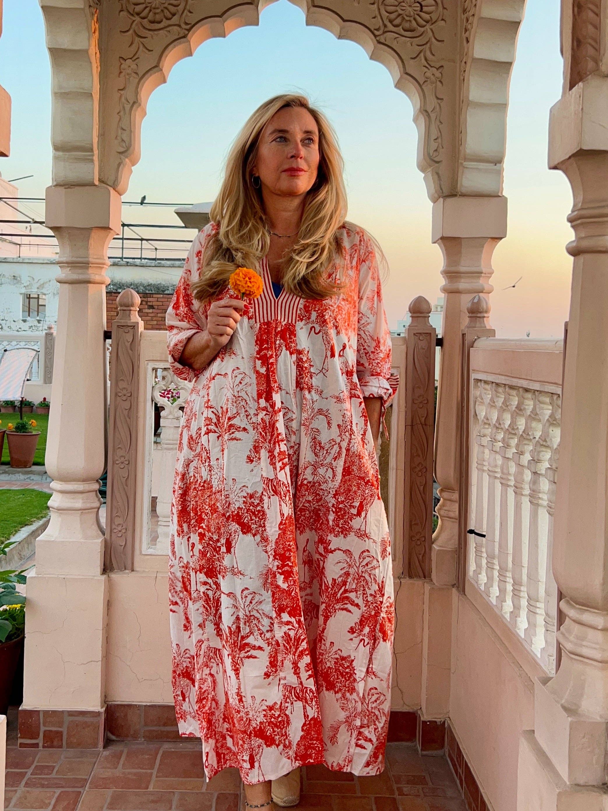 Aurobelle Ibiza - Vente Caftan – femme - Kaftan long orange Jungle Life bohème élégant6