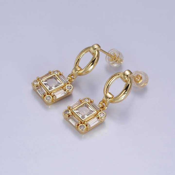 Aim Eternal - Wholesale Dangle Earrings - Silver, Gold Clear Square Baguette CZ Drop Dangle Oval Stud Earrings | AB569 AB571