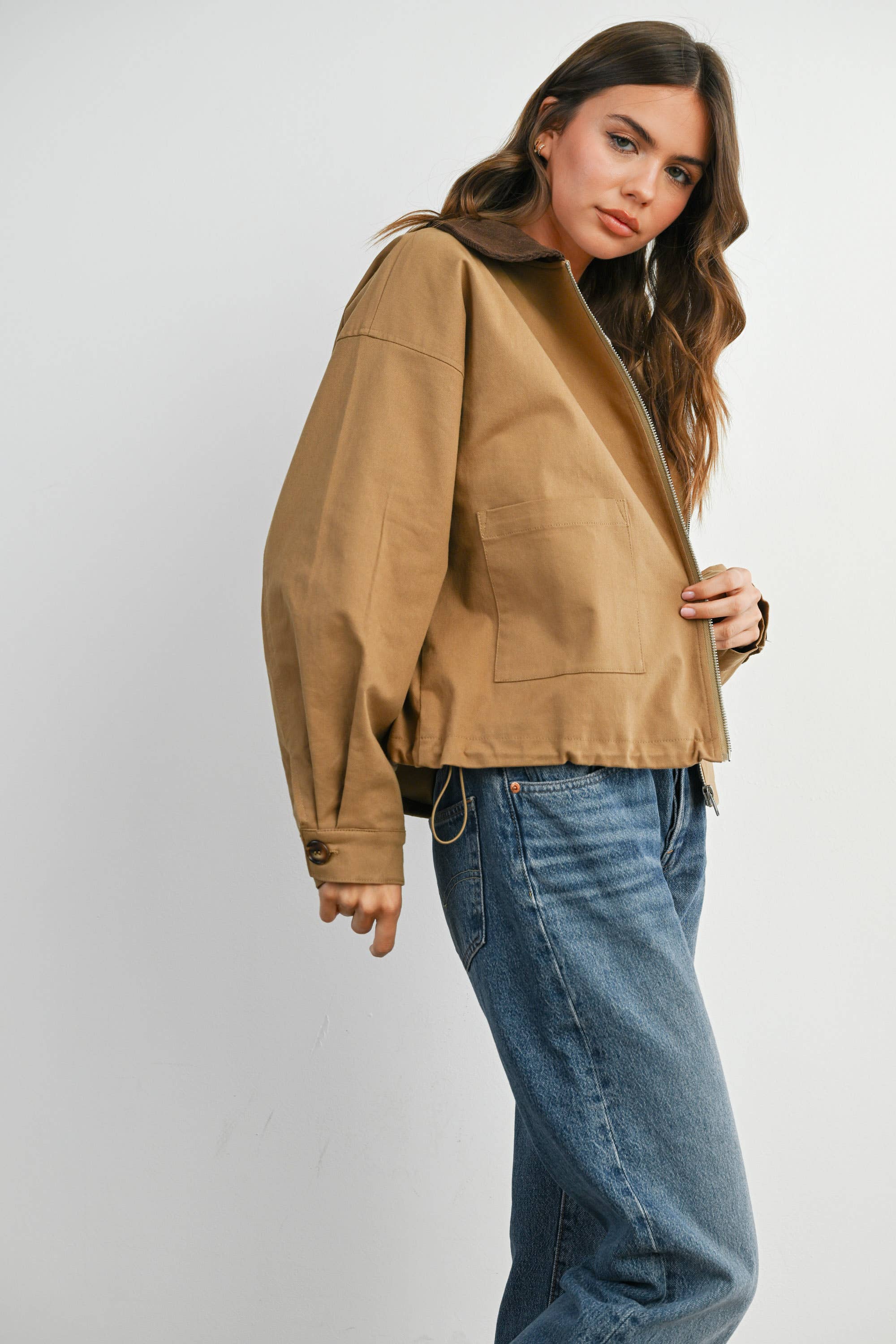 BUTTERMELON - Wholesale Jacket - Women's - Collared Zip-Up Drawstring Jacket - BMJ782521