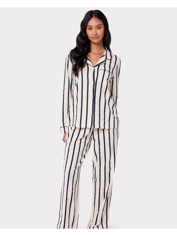 Organic Cotton Stripe Long Pyjama Set - Navy for wholesale on Faire2