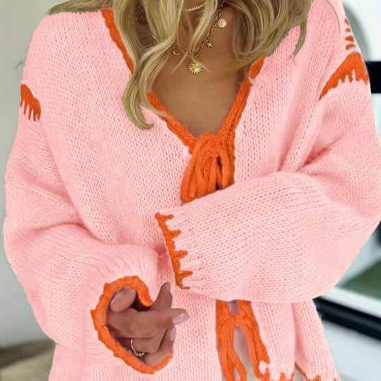 Contrast Tie Cardigan Lightweight Pink N5Z884 for wholesale on Faire3