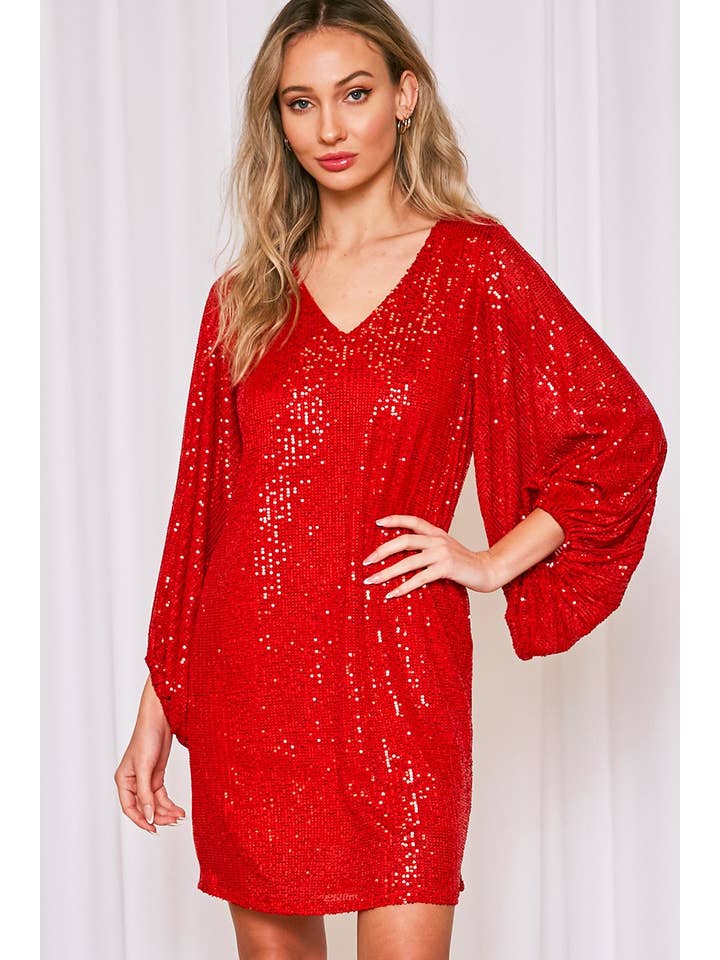 Vine & Love - Wholesale Dress - Women's - V-Neck Balloon Sleeves Sequin Detail Mini Dress VD31721