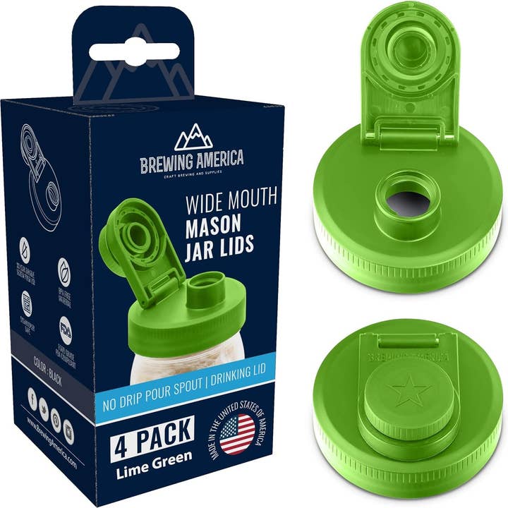 Mason Jar Lids Wide Mouth Plastic 4 Pack Leak Proof with Flip Cap Pouring Spout & Drink Hole - Lime Green for wholesale by Brewing America