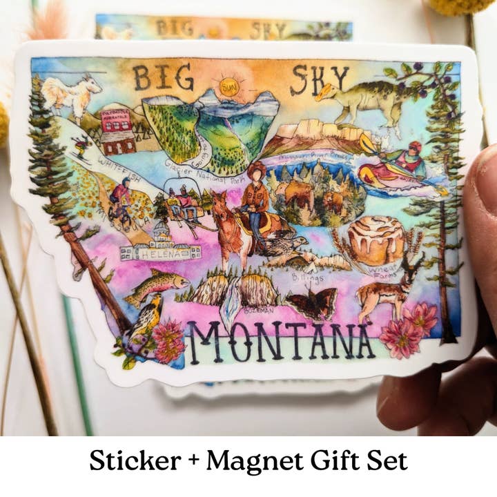 Montana Sticker + Montana Magneet Cadeau SET voor wholesale door Mary Felker Art and Design