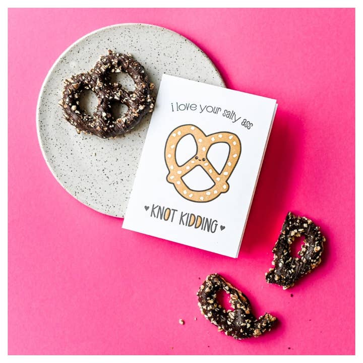 Kiss and Punch - Wholesale Love Card - Funny Salty Ass Knot Pretzel Pun Letterpress Card