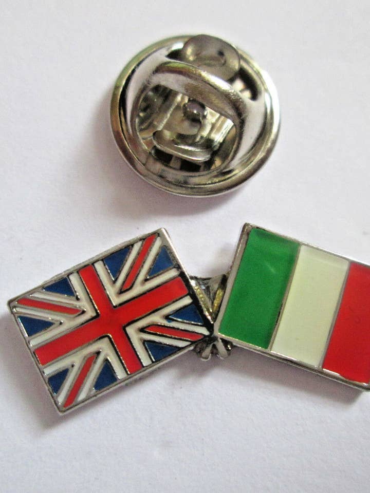 Italy & Uk Friendship Enamel Metal Lapel Pin for wholesale by jungle brands ltd