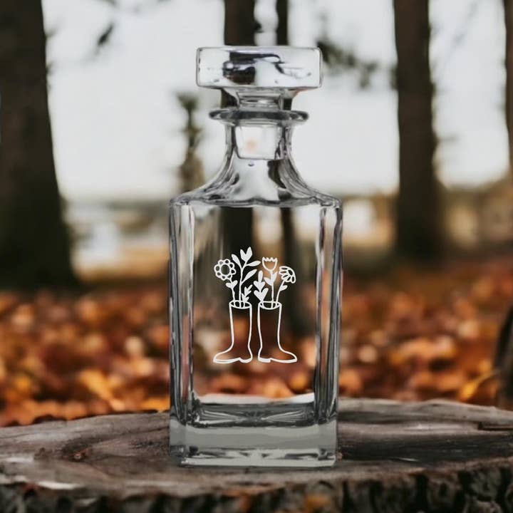 Boots Flower 26oz Bourbon Whiskey Premium Glass Decanter for wholesale by Texan Customs