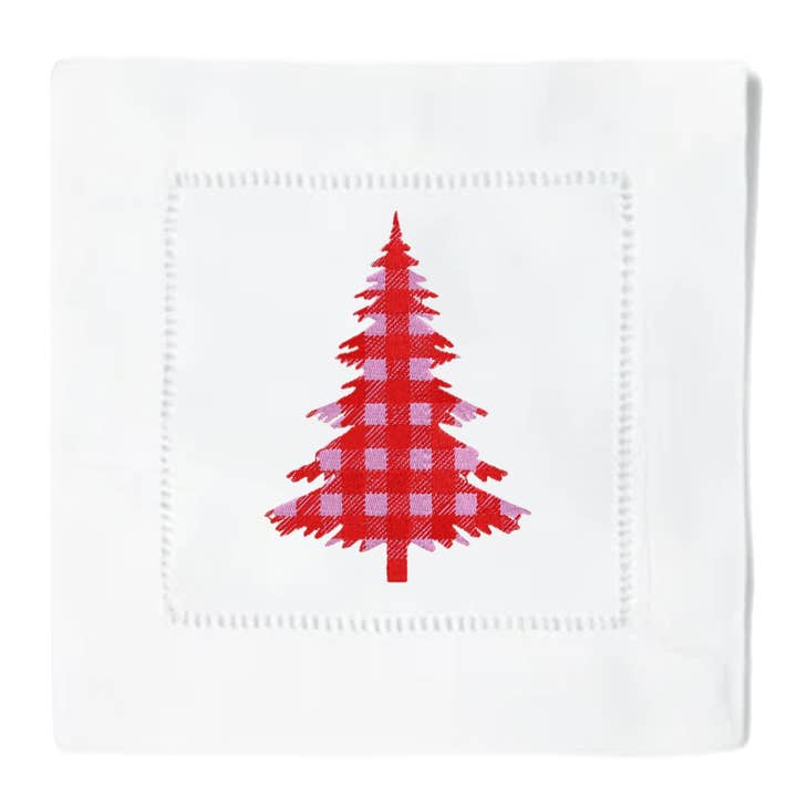 Buffalo Plaid Christmas Tree Cocktail Napkins for wholesale by Blythe Embroidery Co.