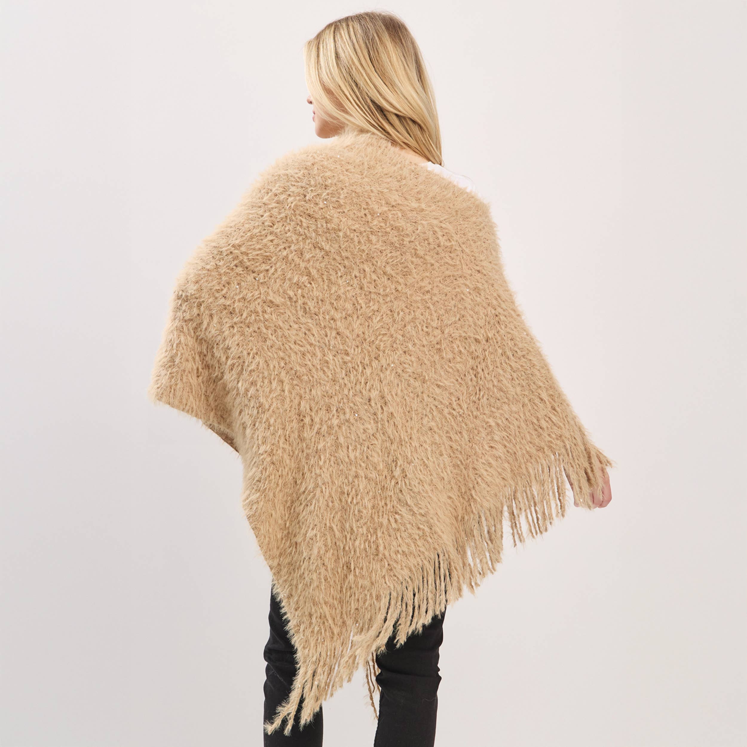 Hana – wholesale Poncho – Women's – Fuzzy Sequin with Fringe Light Weight Poncho21