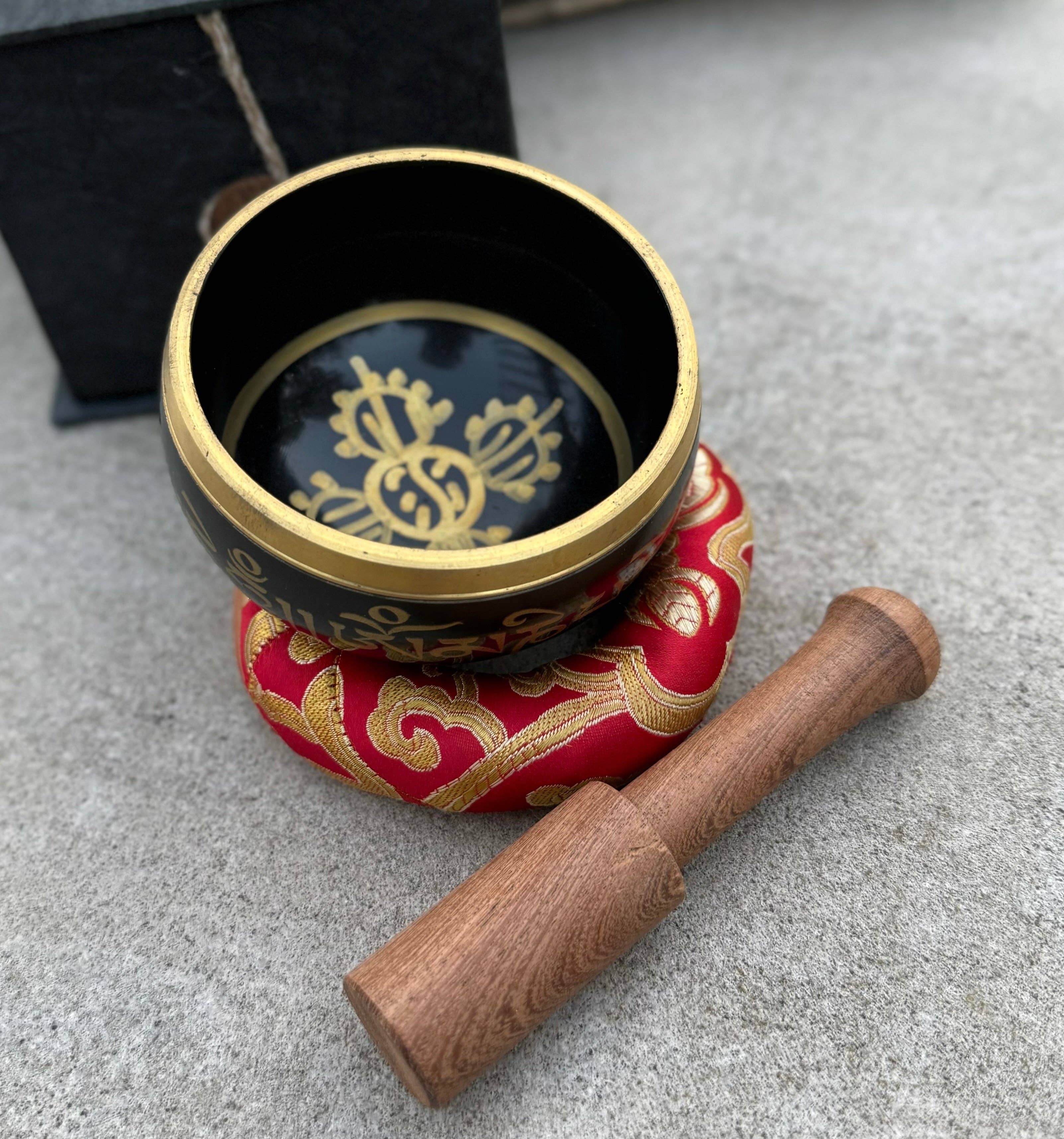 Lungta Imports - Wholesale Meditation Supplies - Tibetan Complete Singing Bowl Gift Box Set with OM Mani Padme Hum Etched Bowl7