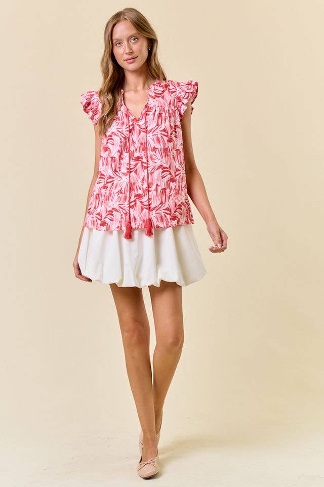 Doe and Rae - Wholesale Blouse - Women's - Abstract Print V-Neck Double Ruffled Cap Sleeve - 44961T9