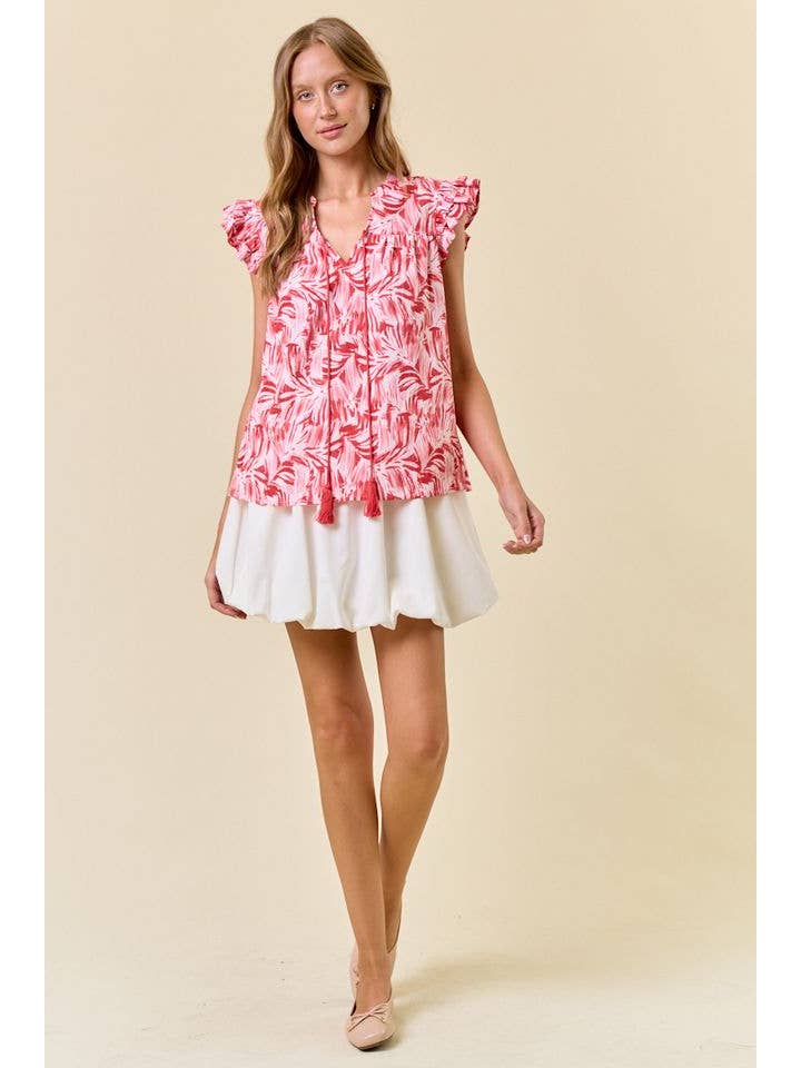 Doe and Rae - Wholesale Blouse - Women's - Abstract Print V-Neck Double Ruffled Cap Sleeve - 44961T9