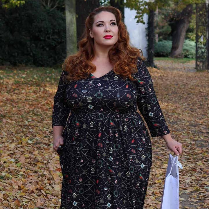 Billie Black with Christmas Ornament Long-Sleeved Dress for wholesale by Dolly & Dotty