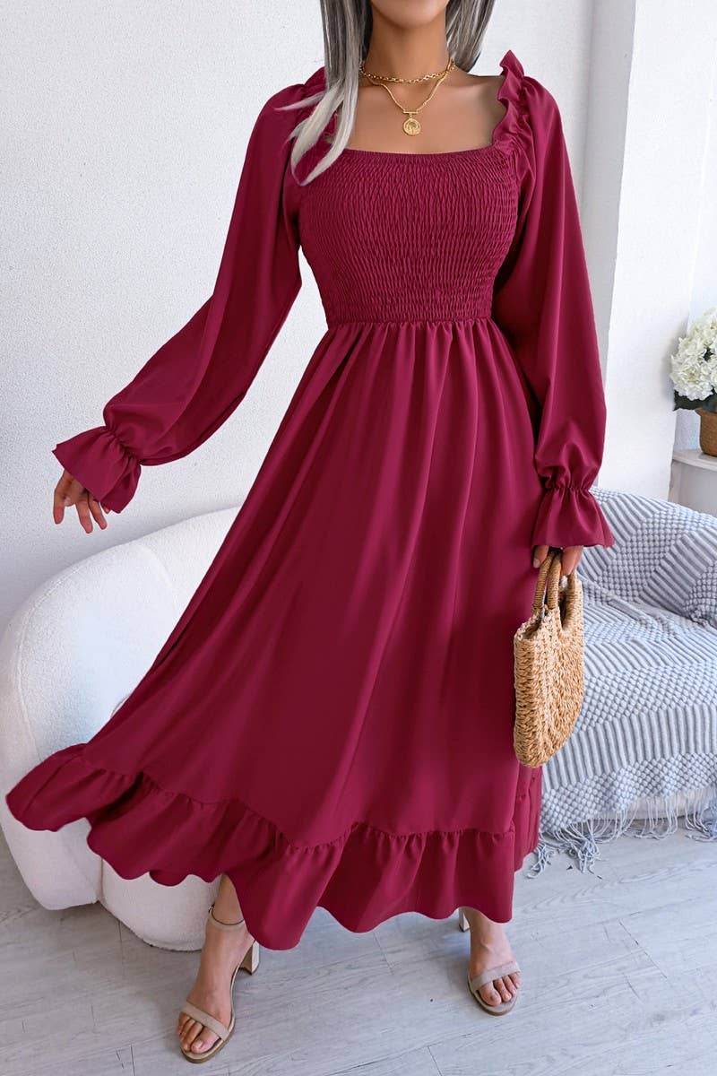 Lily Clothing - Wholesale Dress - Women's - SQUARE NECK LARGE SWING FLOUNCES LONG DRESS_CWDMD11651
