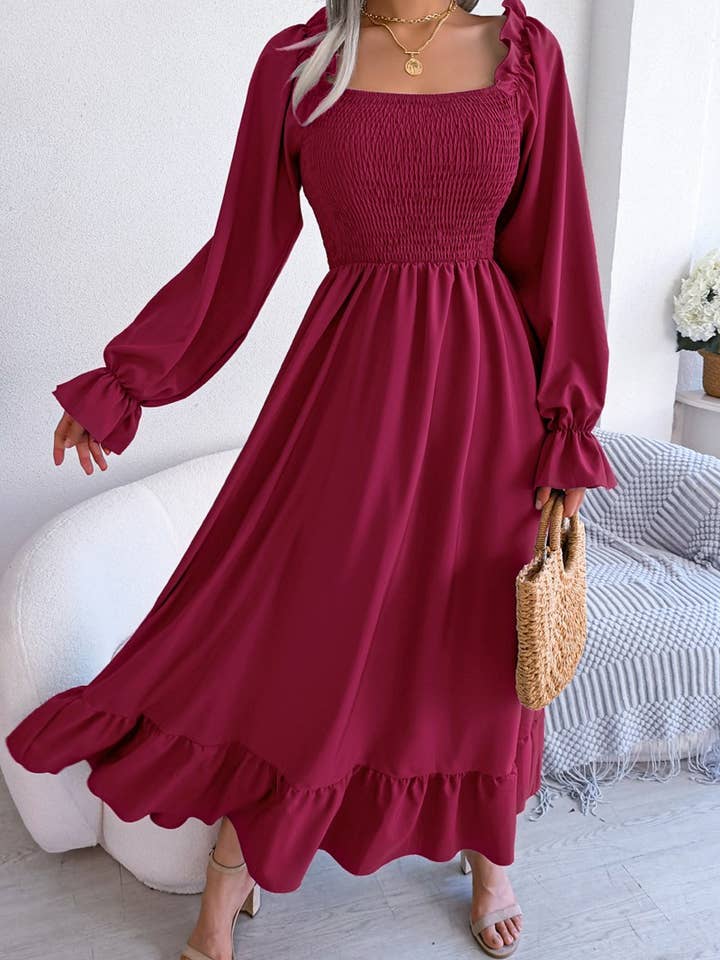 Lily Clothing - Wholesale Dress - Women's - SQUARE NECK LARGE SWING FLOUNCES LONG DRESS_CWDMD11651