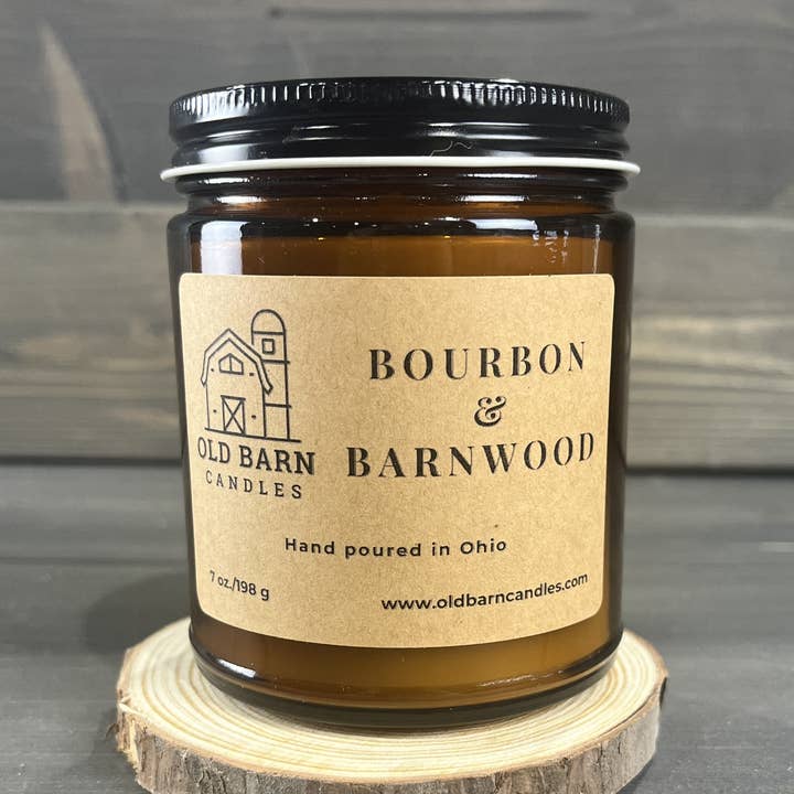 Bourbon & Barnwood 9oz Amber Glas mit geradem Rand und Deckel für den Großhandel von Old Barn Candles