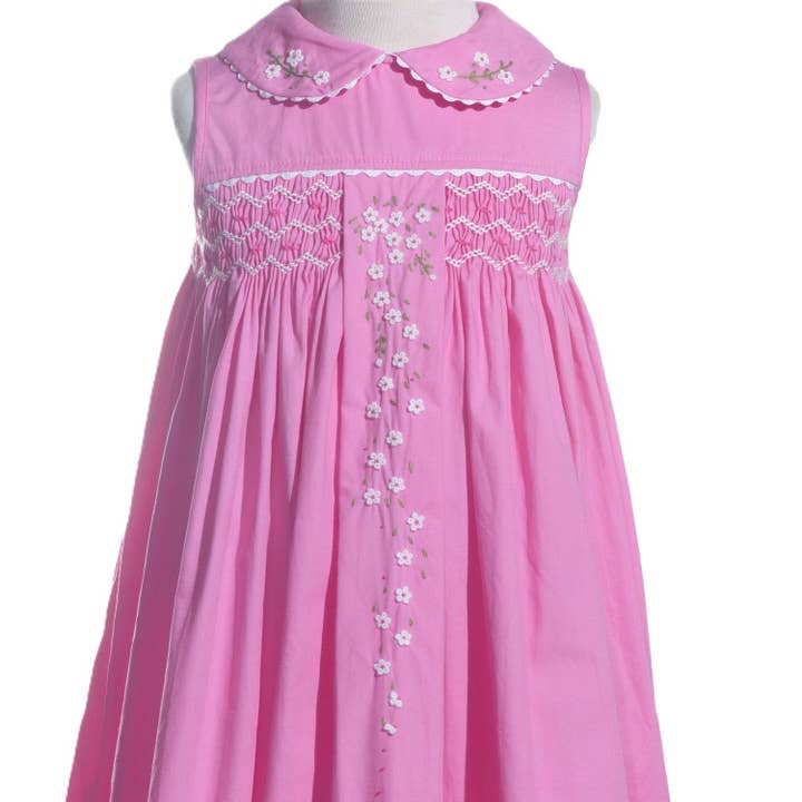 Pink Flora Smocked With Peter Pan Collar Sleeveless Dress for wholesale by Hello Bebes!