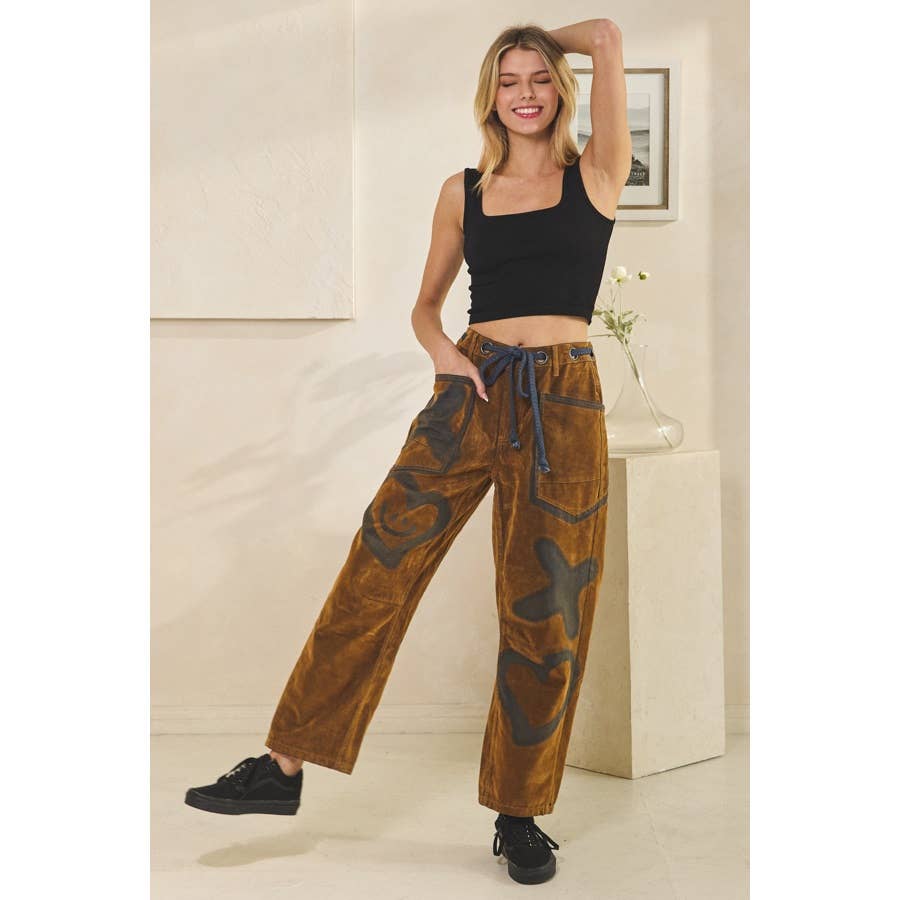 BROWN XO VINTAGE TIE WAIST VELVET SUEDE PANTS for wholesale on Faire1