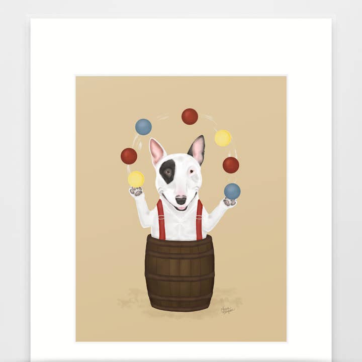 Bull Terrier hund konsttryck, brun bakgrund för wholesale av Laura Bergsma Studio