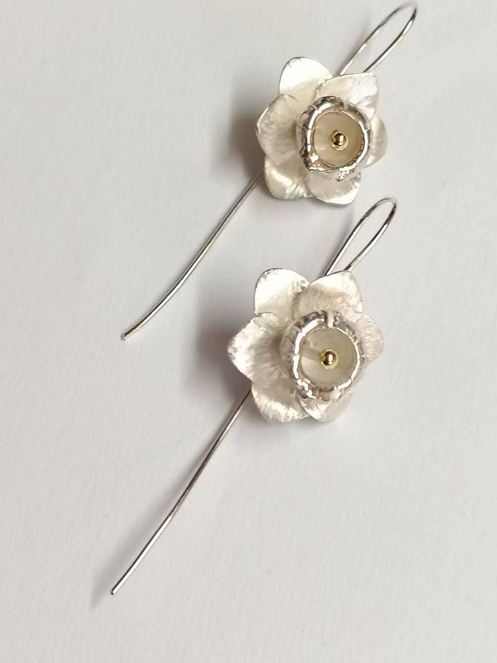 Daffodil Drop Earrings Made From Silver With a Gold Bead for wholesale by Andrew O'Dell Jewellery