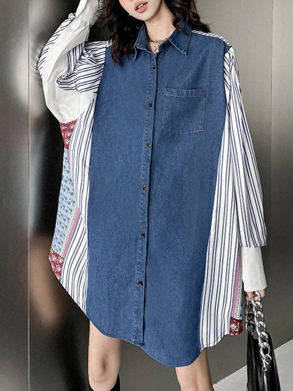 Sheer Trend - Vente Chemise à col boutonné – femme - Blouses et chemises à revers rayés à manches longues, amples et boutonnées, poches de couleur contrastante2