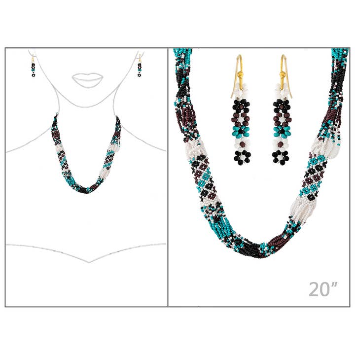 ENSEMBLE DE COLLIER EN PERLES DE VERRE OCCIDENTALES BLEU SARCELLE/MARRON/BLANC pour la vente par Coronet Jewelry & Accessories