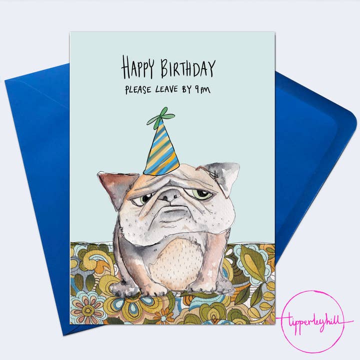 SW11 Sketchy dog card, ‘Please leave by 9pm’ for wholesale by Tipperleyhill