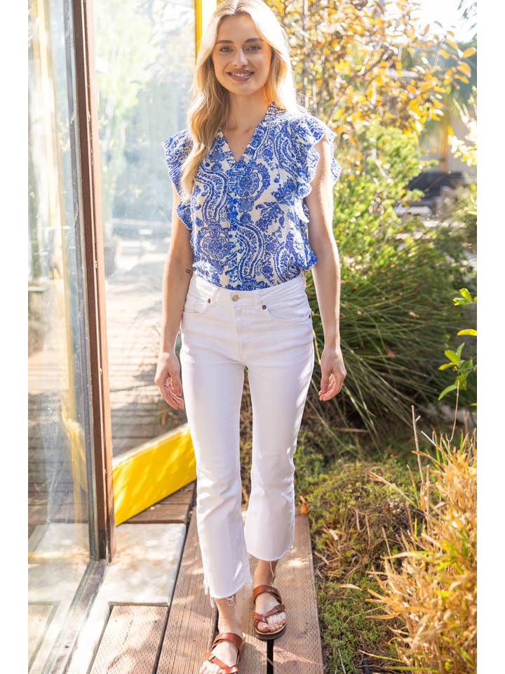 Blue 35224 Pleated Sleeve Paisley Print Button Up Top for wholesale on Faire