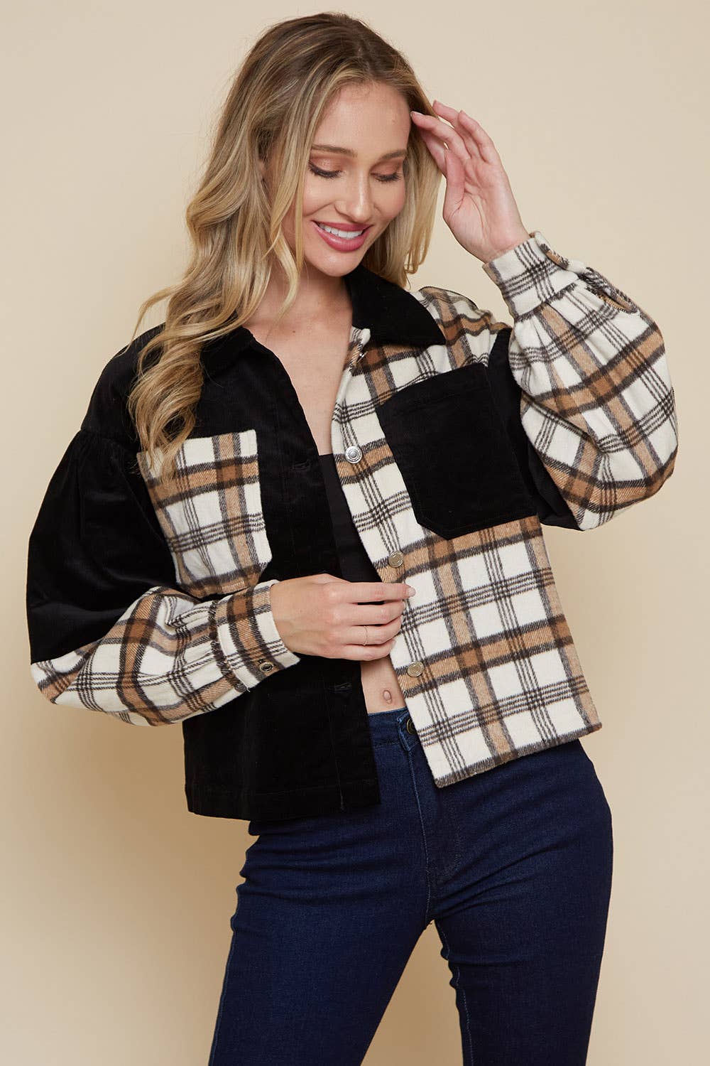 Saints & Hearts - Vente Veste-chemise – femme - VESTE MIXTE À CARREAUX ET VELOURS CÔTELÉ CAMEL SIJ5190A9