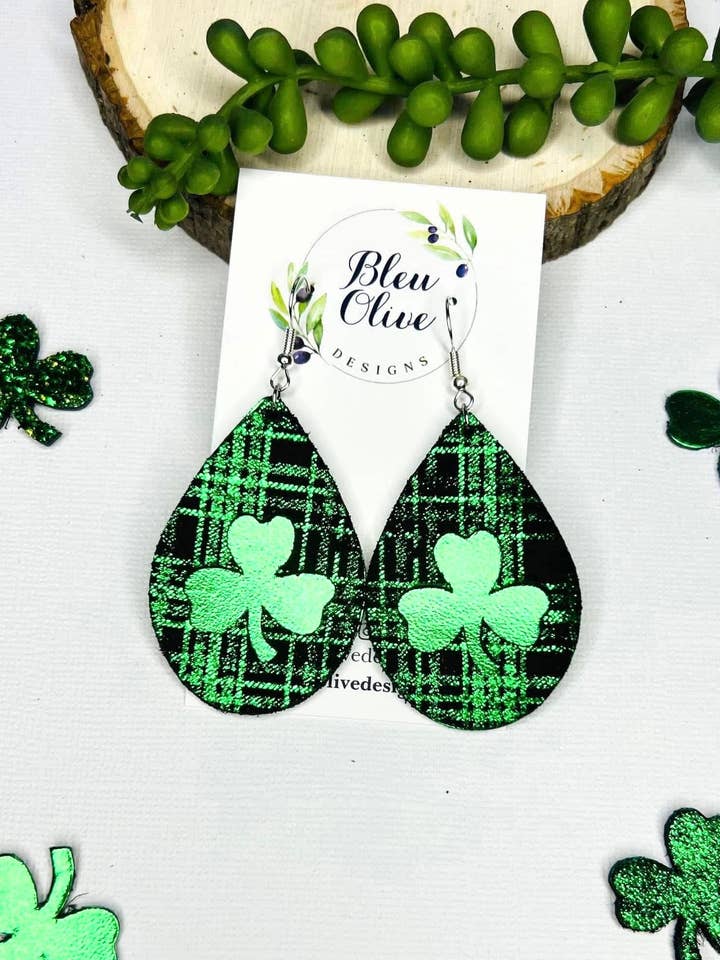 St Patty Plaid Leather Earrings ☘️ for wholesale by Bleu Olive Designs