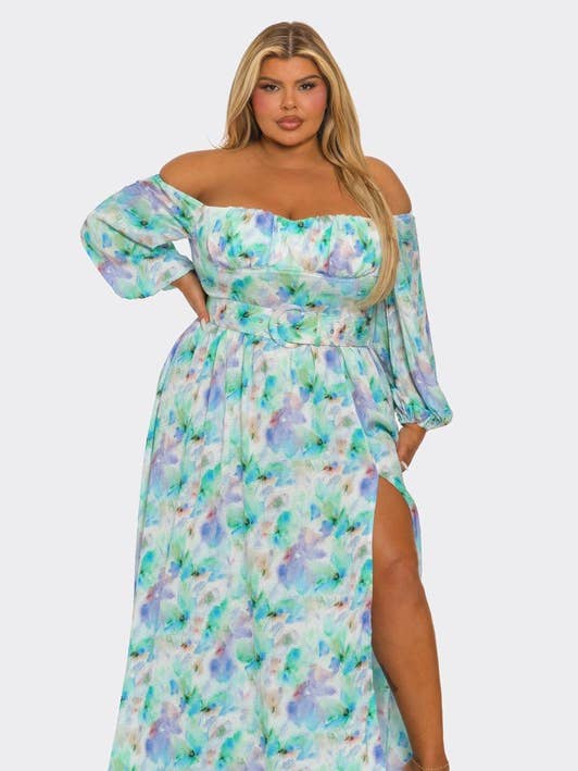 Robe Épaules Dénudées à Motif Floral Aquarelle Taille PLUS BCCD71650 pour la vente par BANJUL