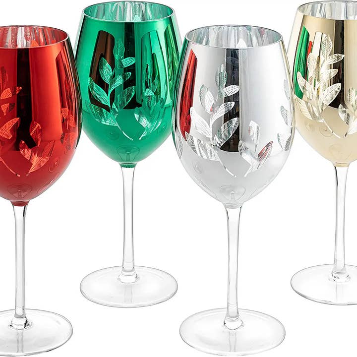 The Wine Savant / Khen Glassware - Wholesale Wine Glass - Etched Multicolor Christmas Stemmed Wine Glasses Set of 4 -