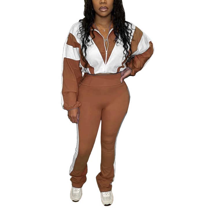 MB Fashion Wholesale - Wholesale Top & Pant Set (NOT Loungewear) - Women's - EVERY FASHION Zip-Up Crop Jacket & High-Waist Jogger Set HR250153