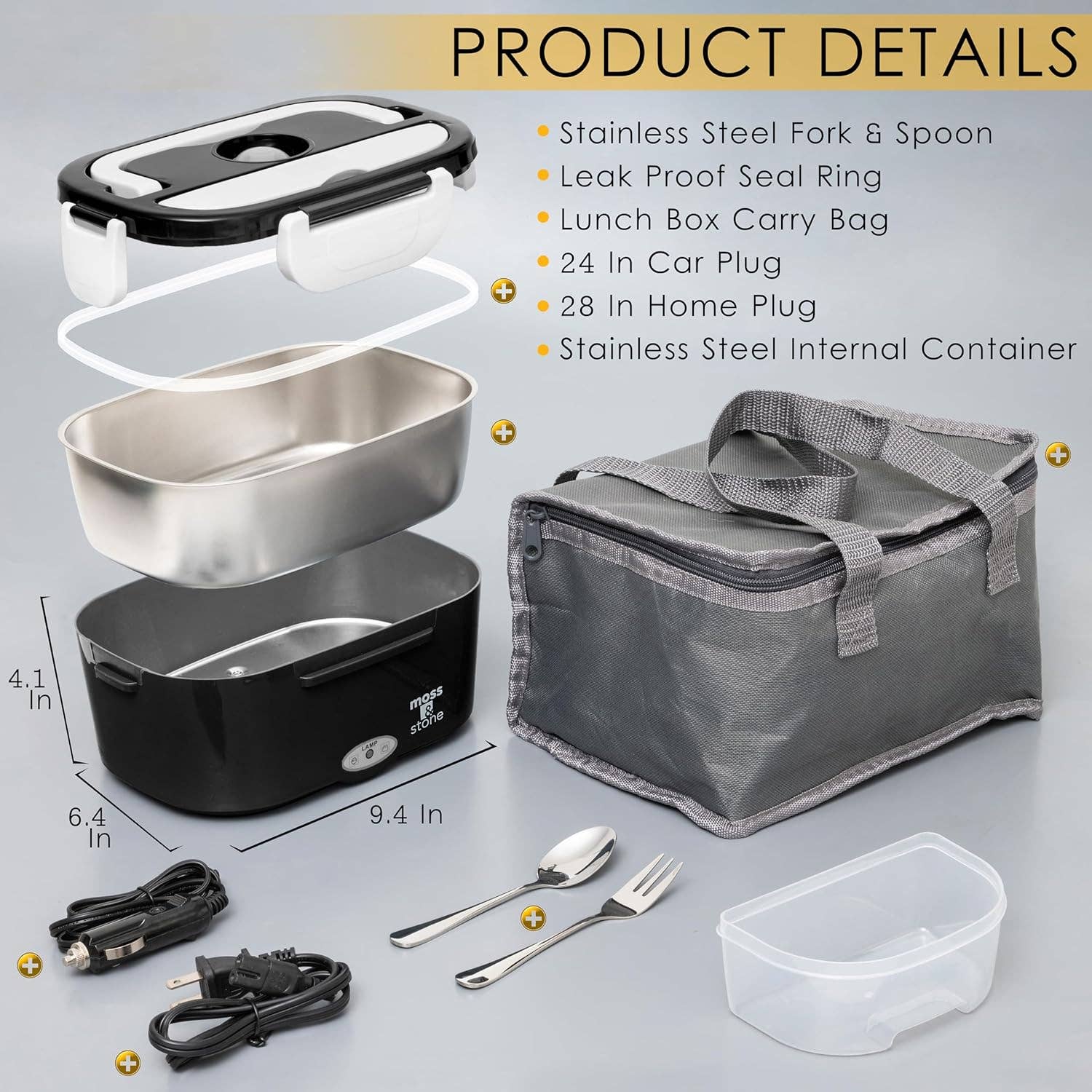 Moss & Stone - Wholesale Lunch Bag/Box - Electric Lunch Box Food Heater for Adults Food Warmer Lunch Box, 12/24/110v Lunch Box Warmer Portable For Work/Car/Truck, Fork & Spoon & 1.5L Removable S.S Container4