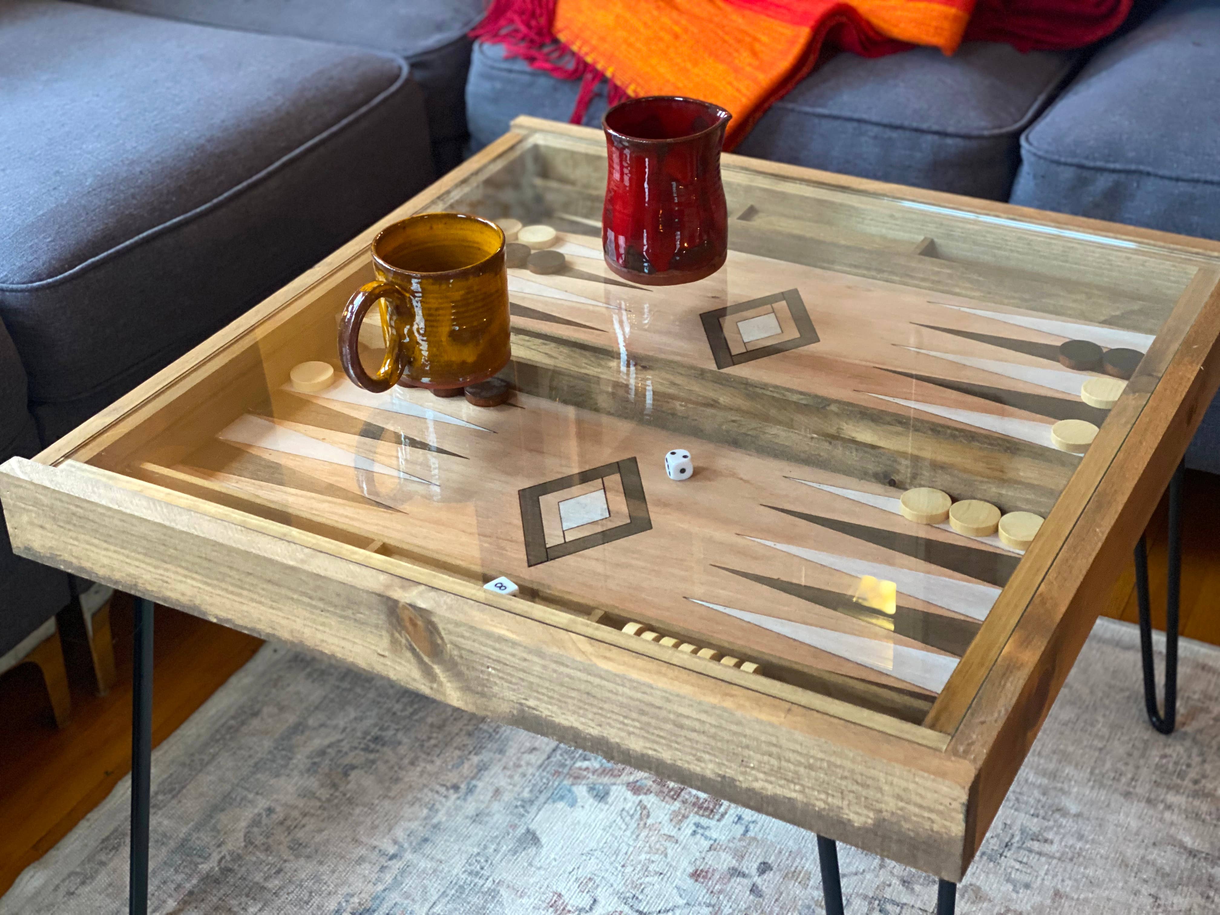 Charles River Woodworks - Wholesale Coffee Table - Rustic Backgammon Coffee Table with removable glass top - 25x25"1