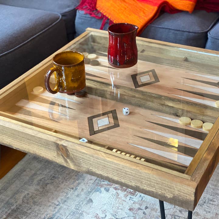 Charles River Woodworks - Wholesale Coffee Table - Rustic Backgammon Coffee Table with removable glass top - 25x25"1