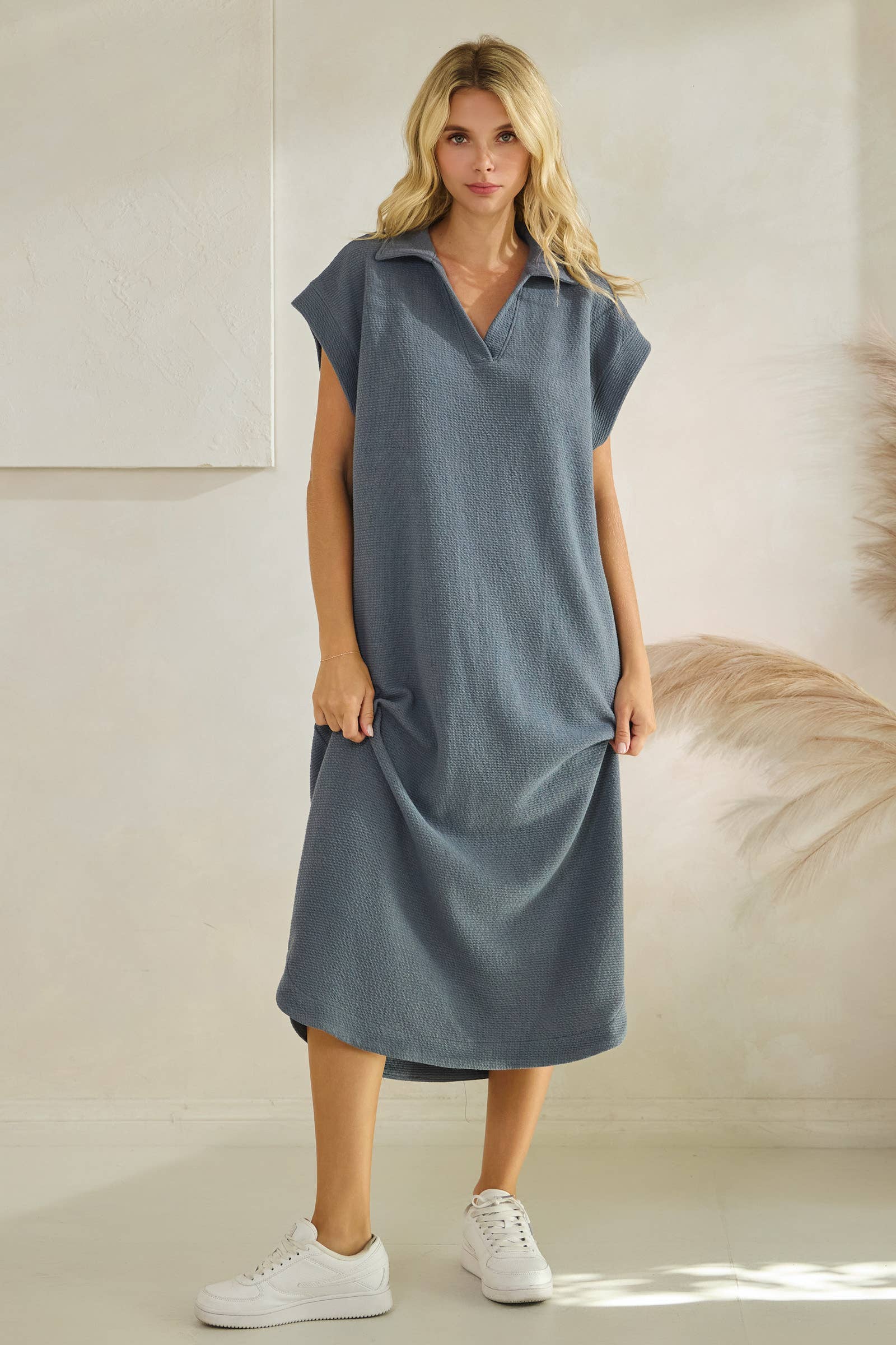 Tres Bien, Inc - Venta al por mayor Vestido - Mujer - Vestido maxi de punto nublado con cuello y manga corta D-41736.2