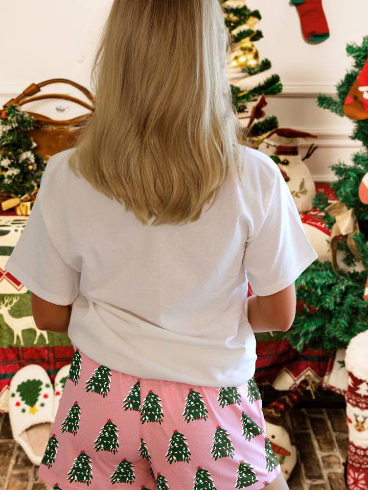 Pink Checkered MERRY Graphic Christmas Tree Short Lounge Set for wholesale on Faire1