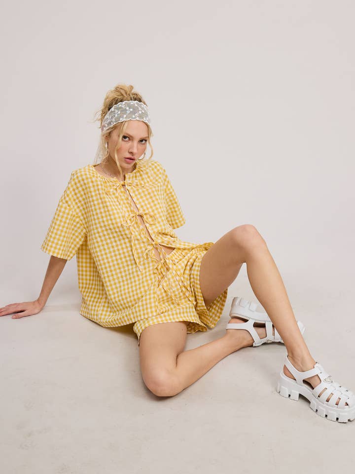 Mimosa - Wholesale Top & Short Set (NOT Loungewear) - Women's - Gingham Open Front Self Tie Top and Shorts Matching Set
