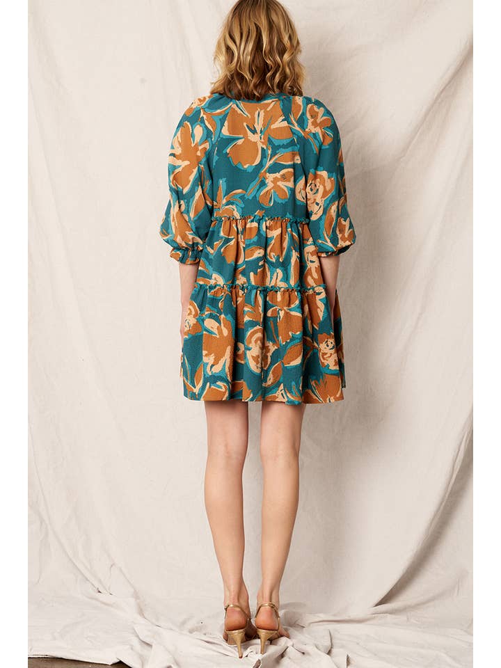 Teal Brown Printed 3/4 Sleeve Tiered Mini Dress for wholesale on Faire