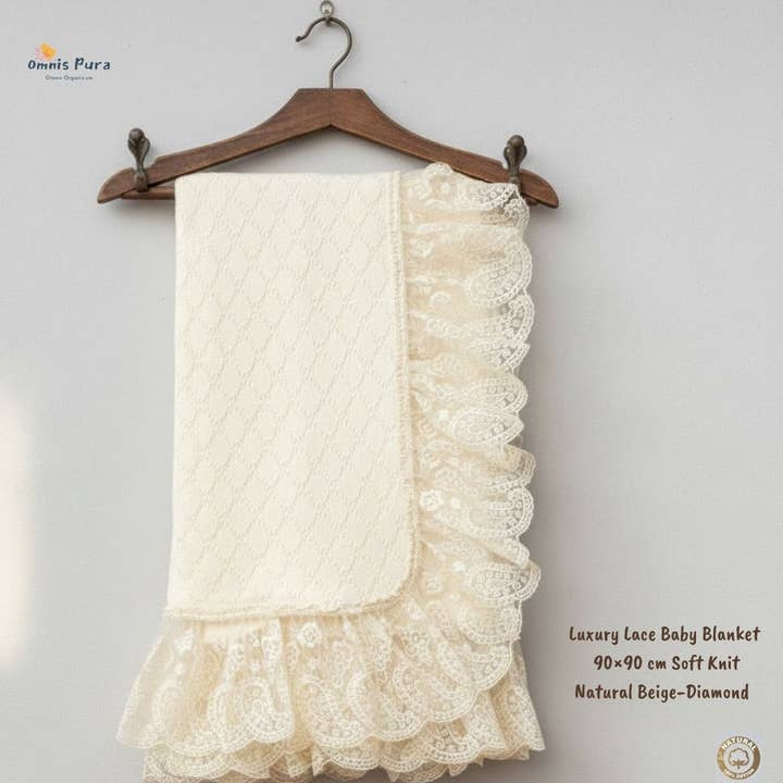 Luxury Lace Baby Blanket: Beige Cotton Knit, Newborn Gift for wholesale by Omnis Pura