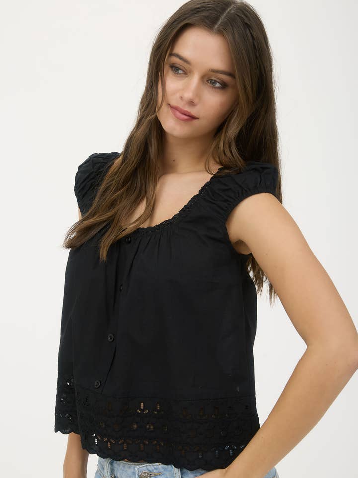 Blu Pepper - Wholesale Blouse - Women's - EYELET LACE TRIM SHORT SLEEVE BUTTON DOWN BLOUSE