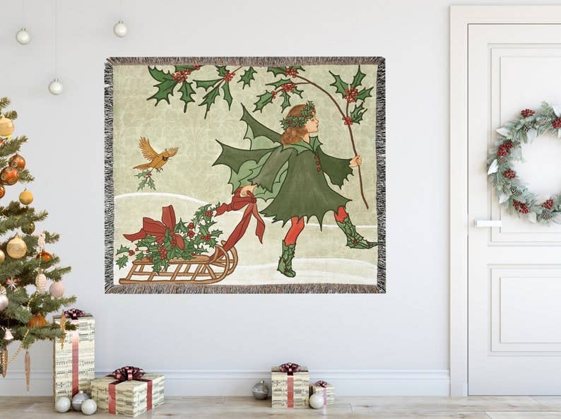 Beige Vintage Woodland Christmas Fairy Woven Blanket Tapestry for wholesale on Faire4