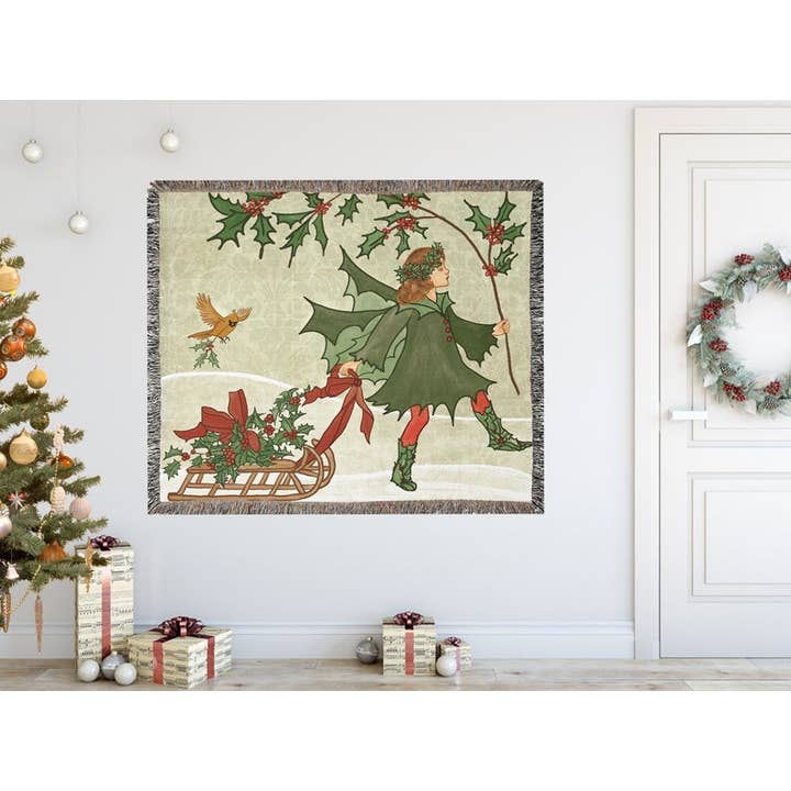 Beige Vintage Woodland Christmas Fairy Woven Blanket Tapestry for wholesale on Faire4