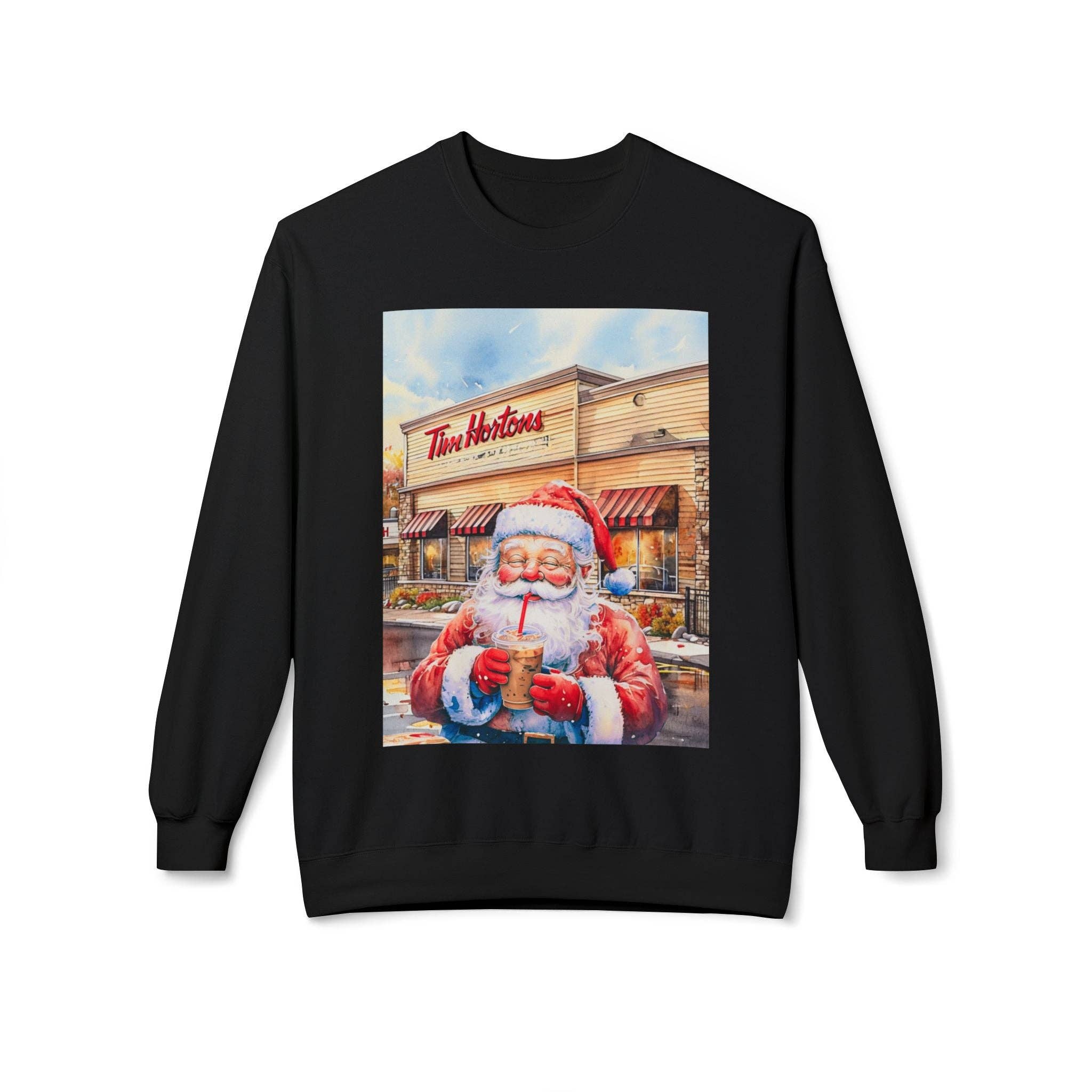 Buffalovely - Wholesale Graphic Sweatshirt - Women's - Santa with an Iced Coffee at Tim Horton's Cozy Unisex Christmas Crewneck Sweatshirt2