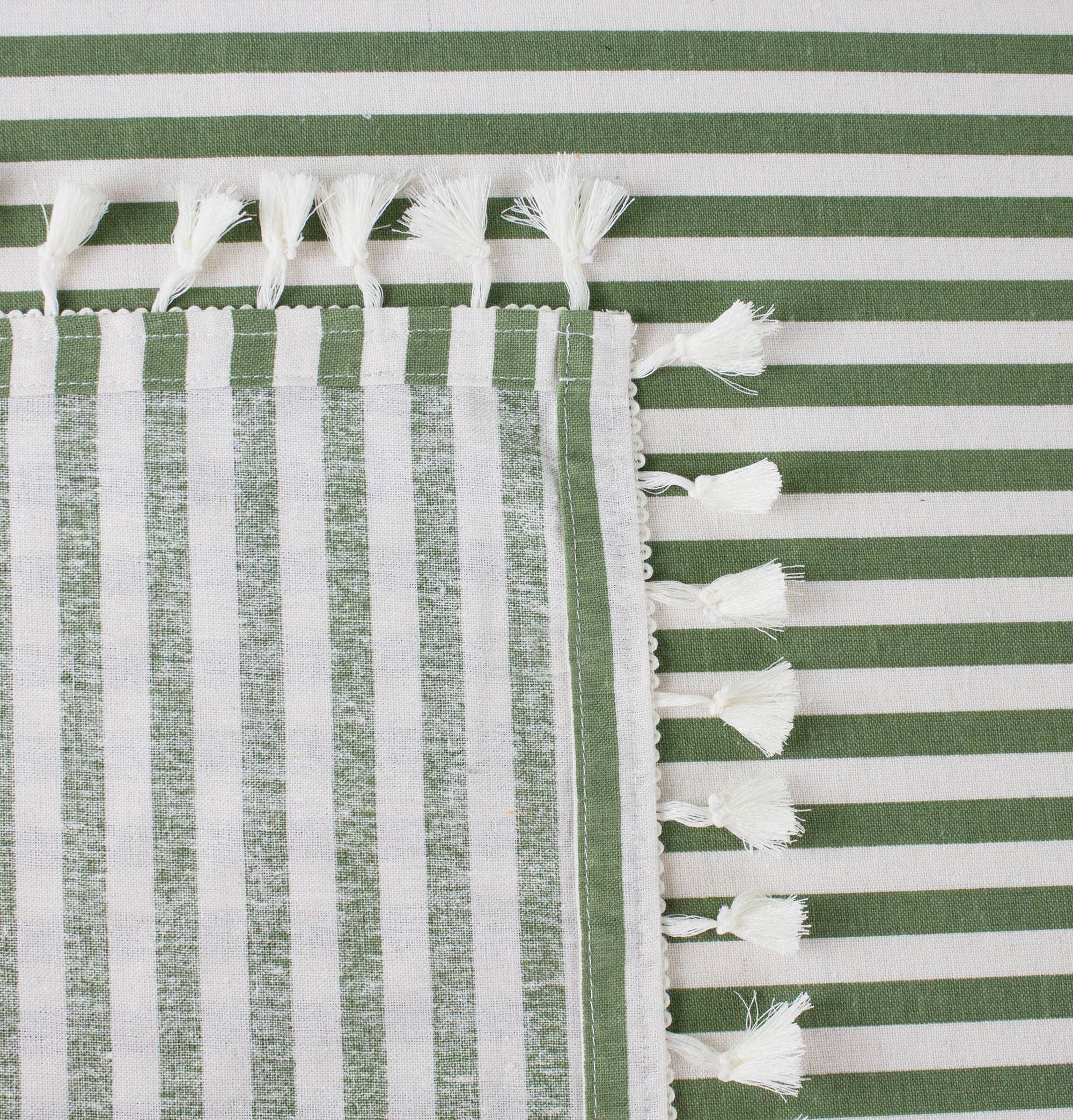 Fennco Styles - Wholesale Tablecloth - Green Rustic Simply Striped Tasseled Cotton Blend Tablecloth2