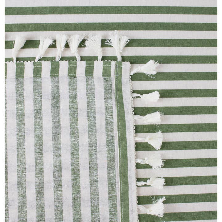 Fennco Styles - Wholesale Tablecloth - Green Rustic Simply Striped Tasseled Cotton Blend Tablecloth2