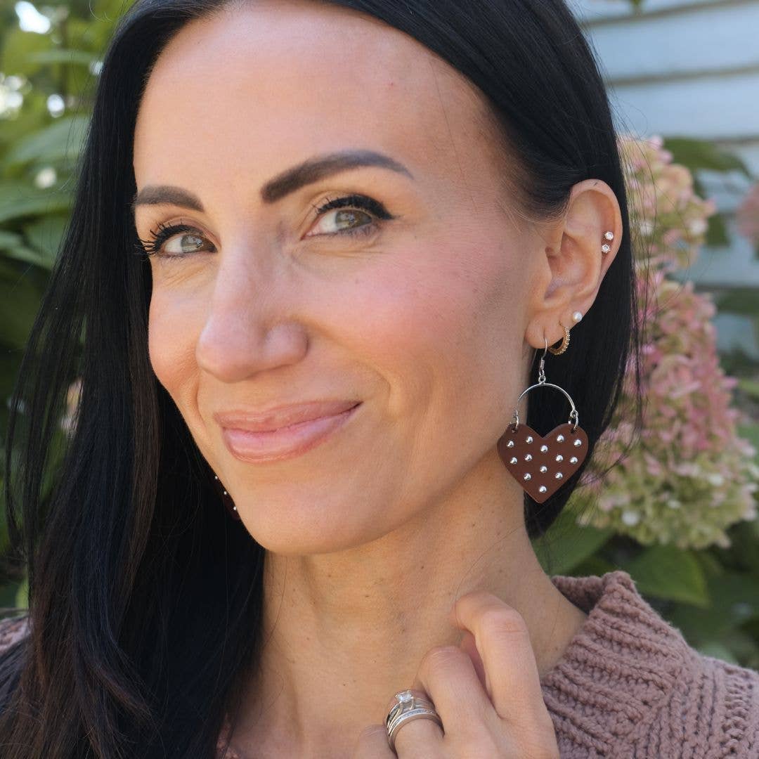 Nickel and Suede - Wholesale Dangle Earrings - Brown Studded Harlow2