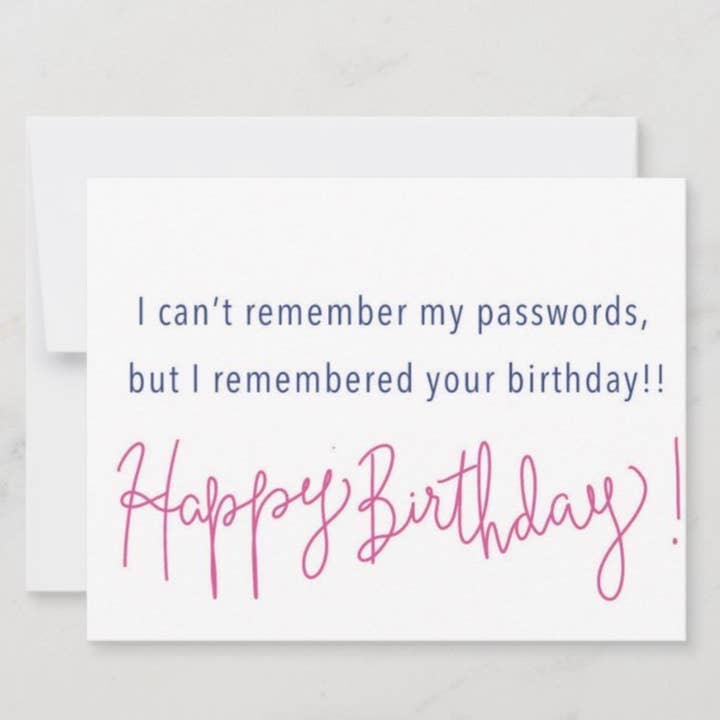 Passwords Birthday Card Blank Inside White for wholesale by Ethel B Designs