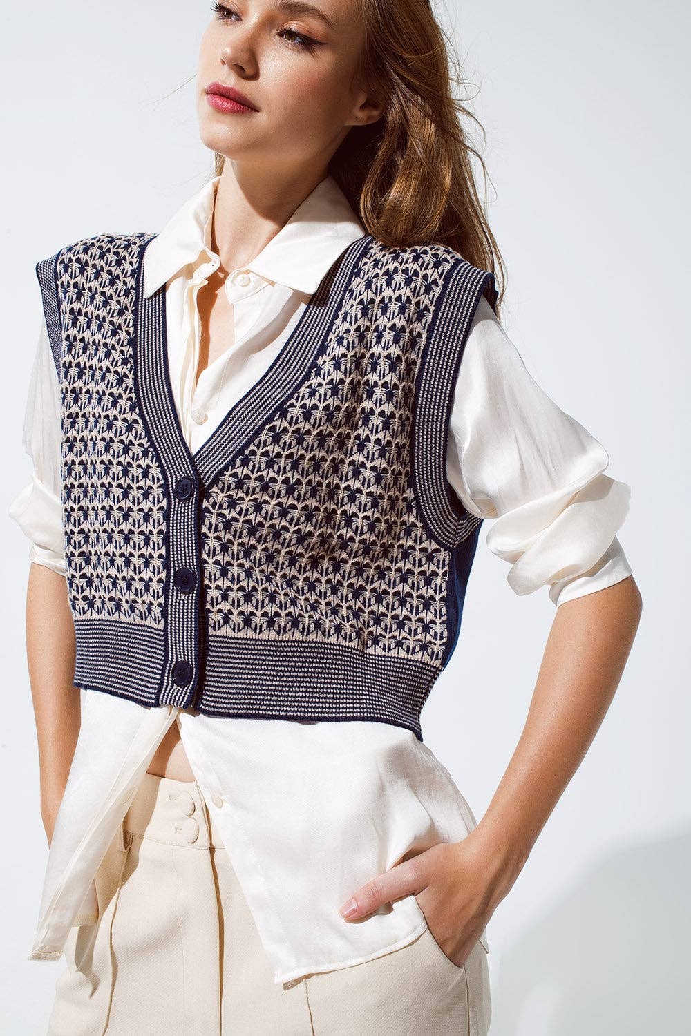 Knitted Cropped Vest With Rib Trim in blue for wholesale on Faire4